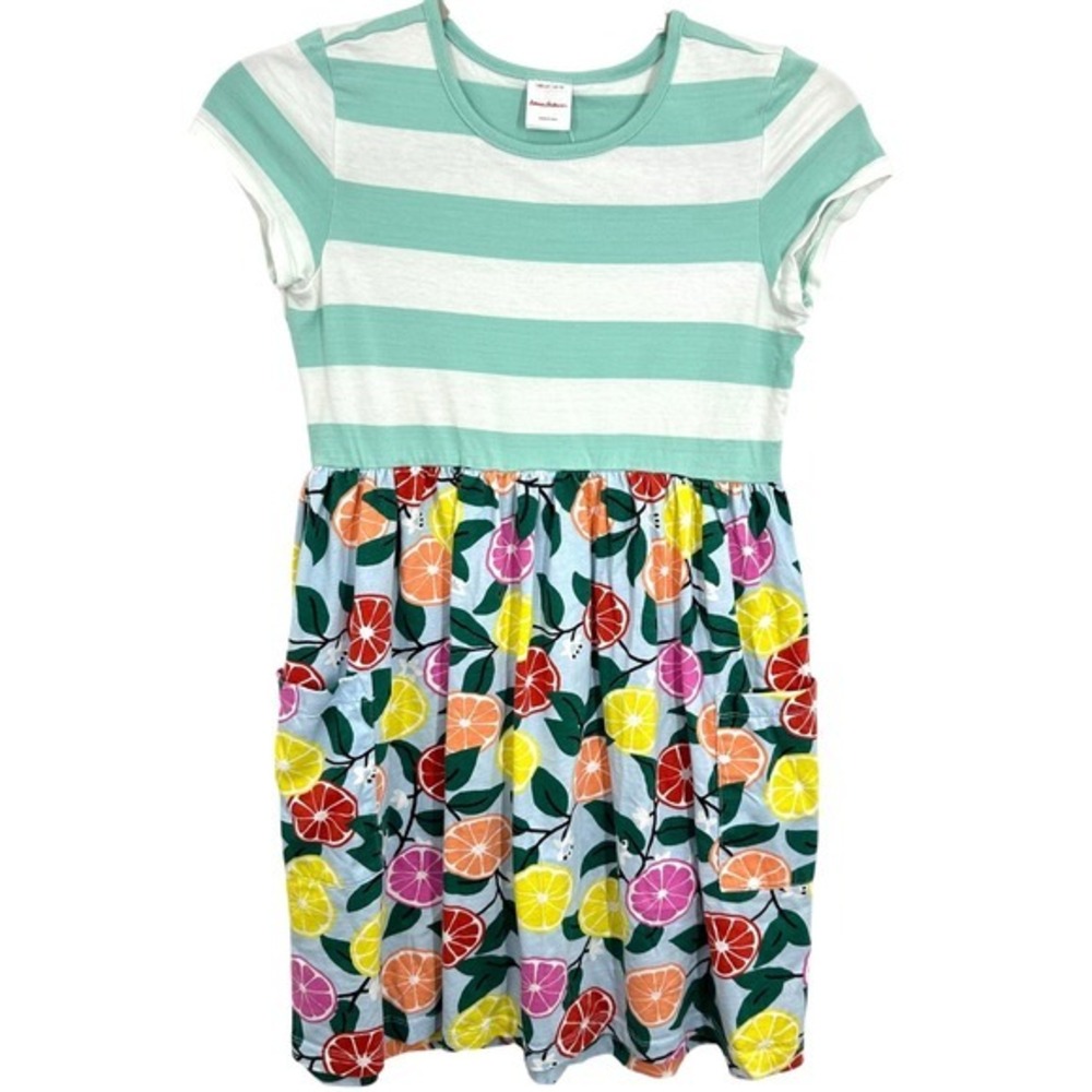Hanna Andersson Girls Dress Size 10 Green White Striped Citrus Print Pockets